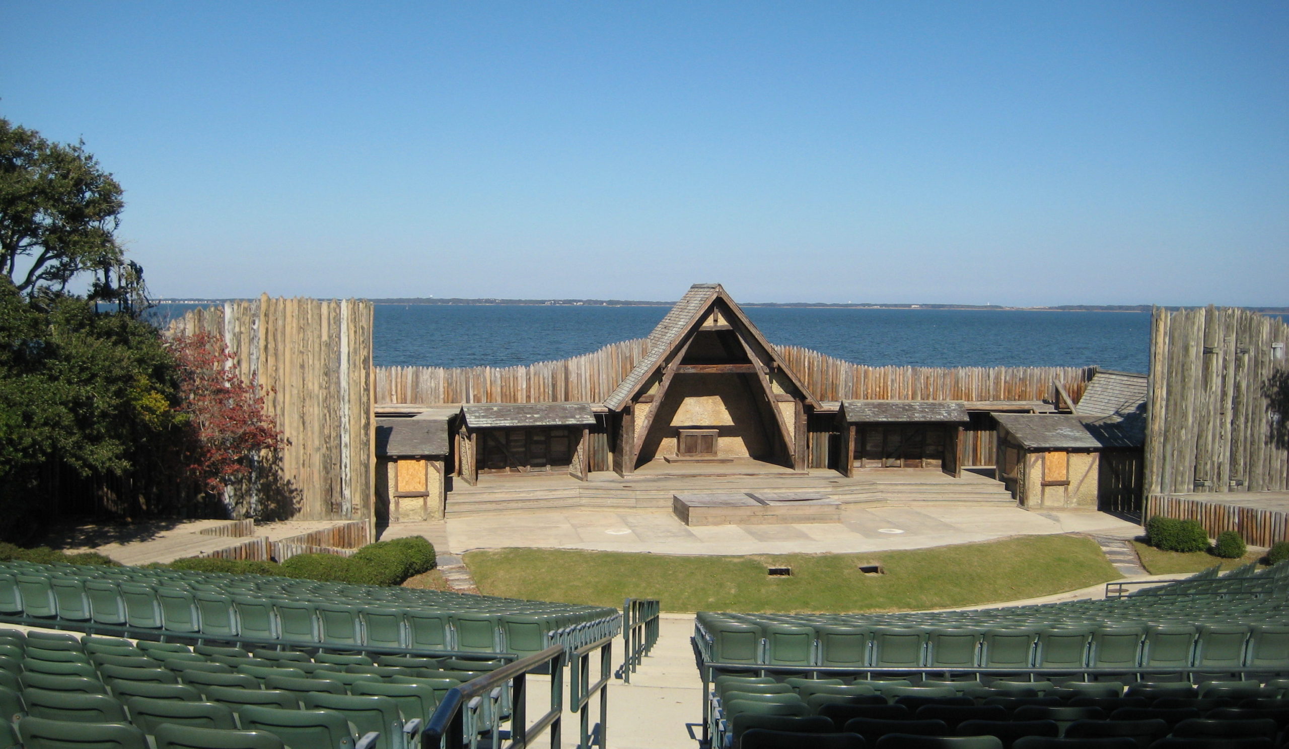 Waterside Theater at Fort Raleigh National Historic Site on sunny day with sound view in background