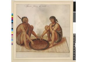 John White's watercolor painting of a Carolina Algonquian woman and man enjoying a meal together. (Circa 1585)
