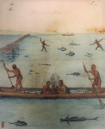 John White's watercolor painting of a group of Carolina Algonquians fishing.