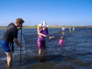 A group of men and women try castnetting on Cape Hatteras National Seashore.