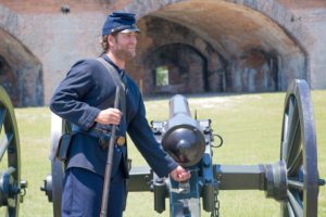 Ranger Matthew Hall dressed as a Union solider at Fort Pulaski National Monument. 