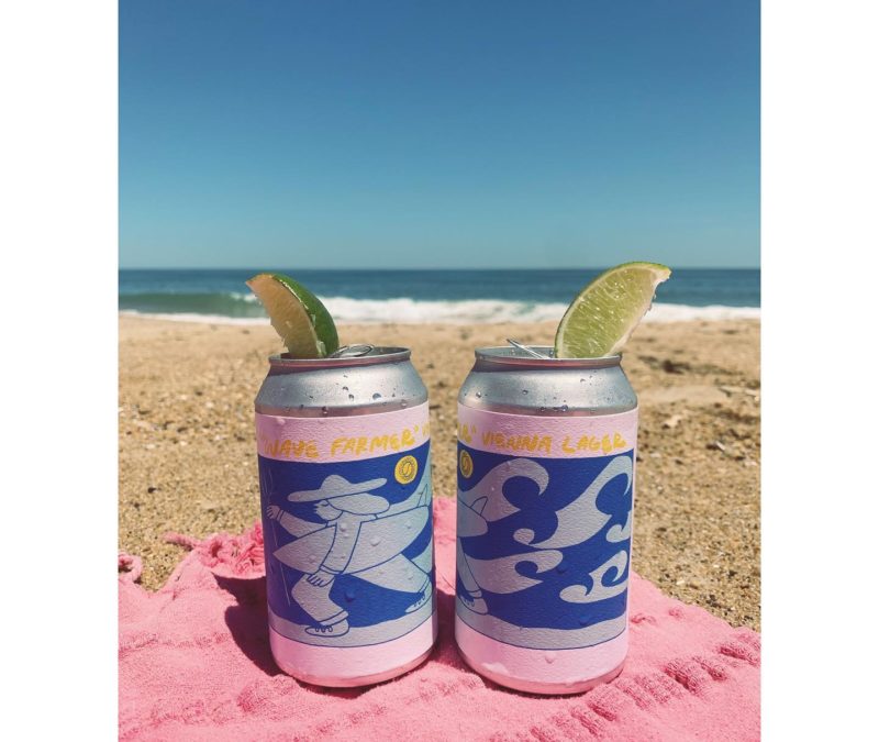 Two cans of Swells'a Brewing Company beer with lime wedges on a beach towel on the sand with the ocean in the background.
