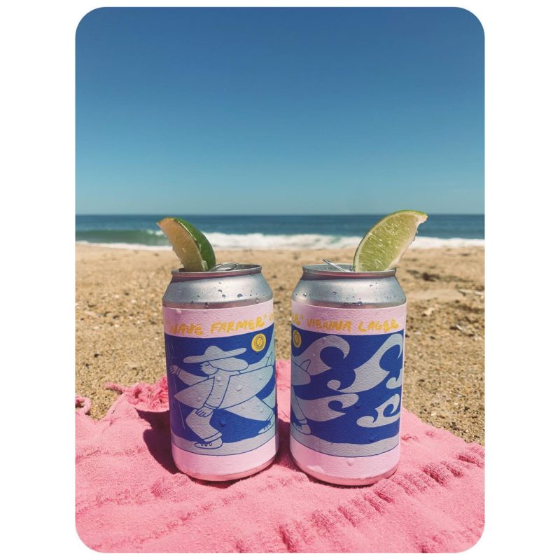 Two cans of Swells'a Brewing Company beer with lime wedges on a beach towel on the sand with the ocean in the background.