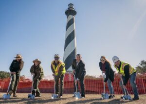 Groundbreaking ceremony at Cape Hatteras Lighthouse for new restoration project.