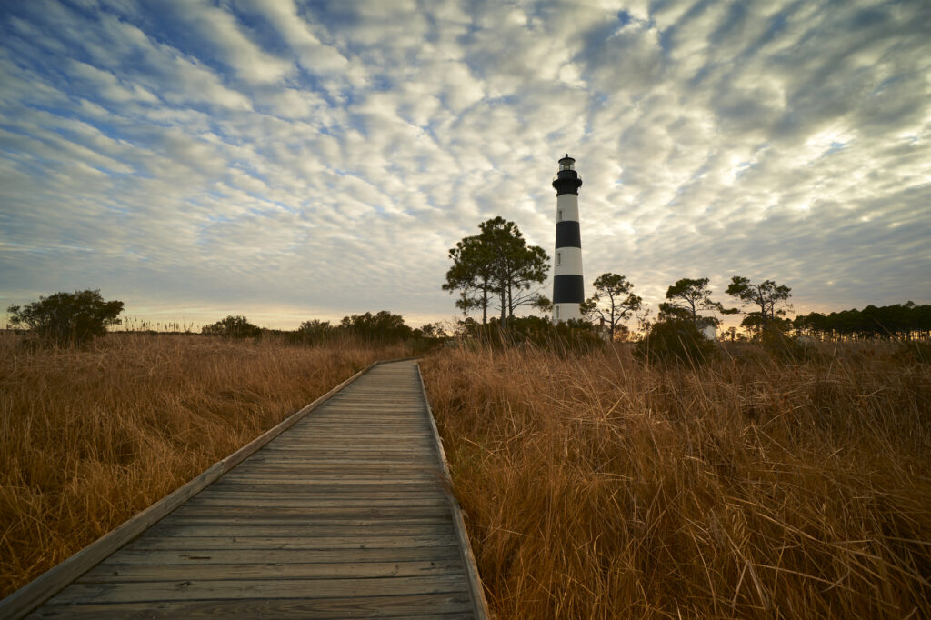A view of the Bodie Island Lighthouse from the Bodie Island Boardwalk Trail. 
